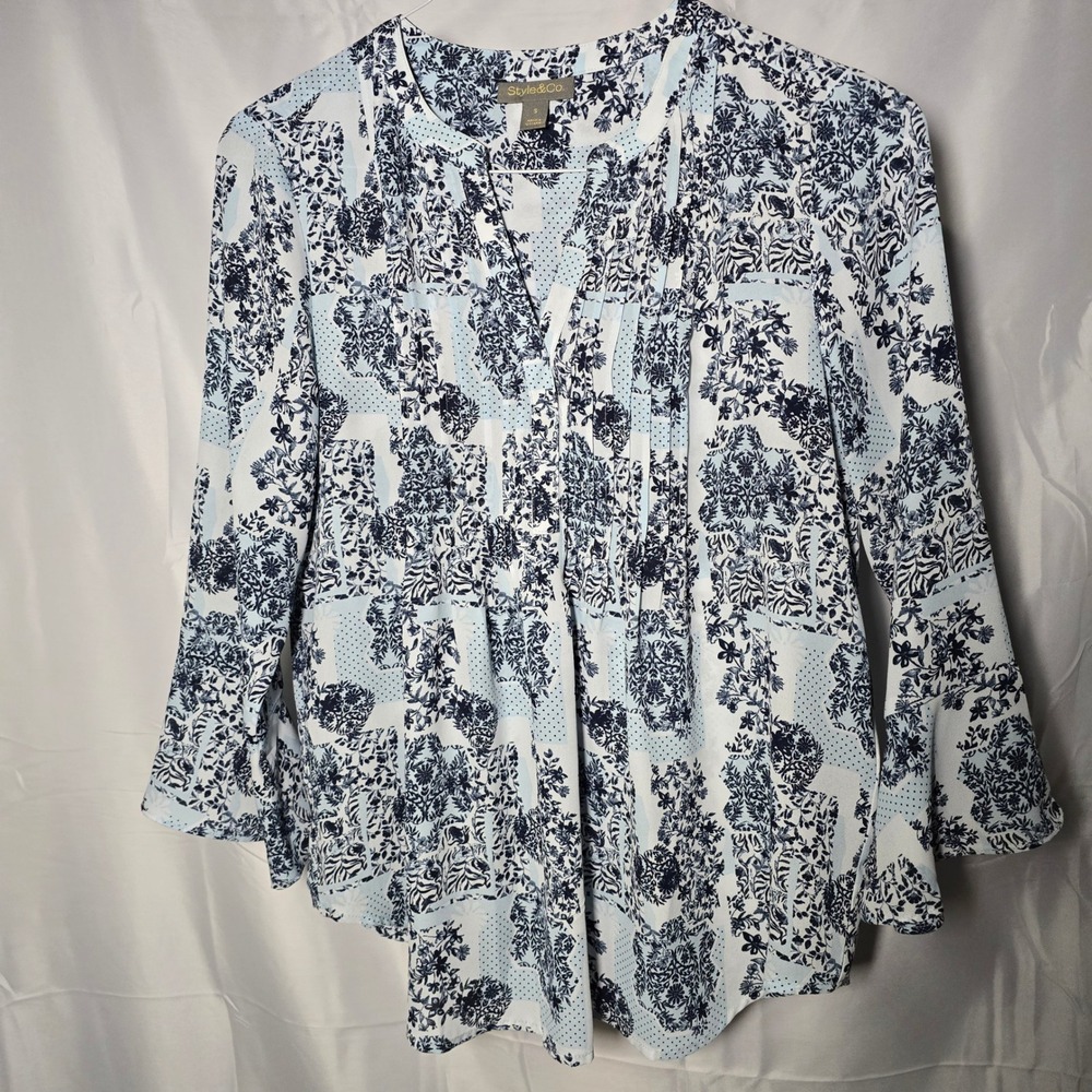 Style & Co Womens Blue Floral Patchwork Pleated Bell Sleeve Blouse Size Small